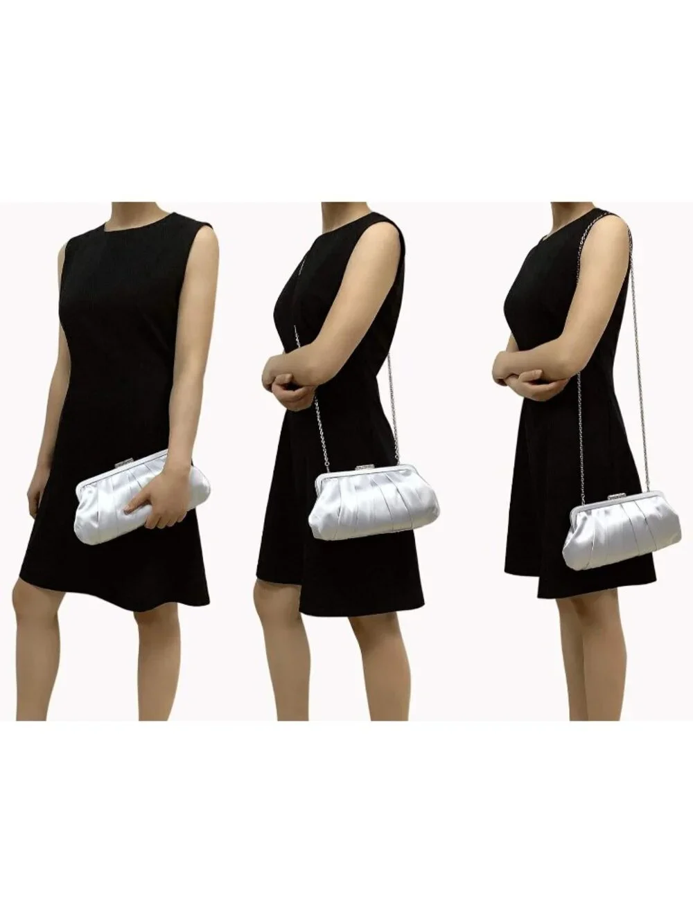 👜 Women's Silver Classic Pleated Satin Clutch Bag Diamante Embellished Clutch
